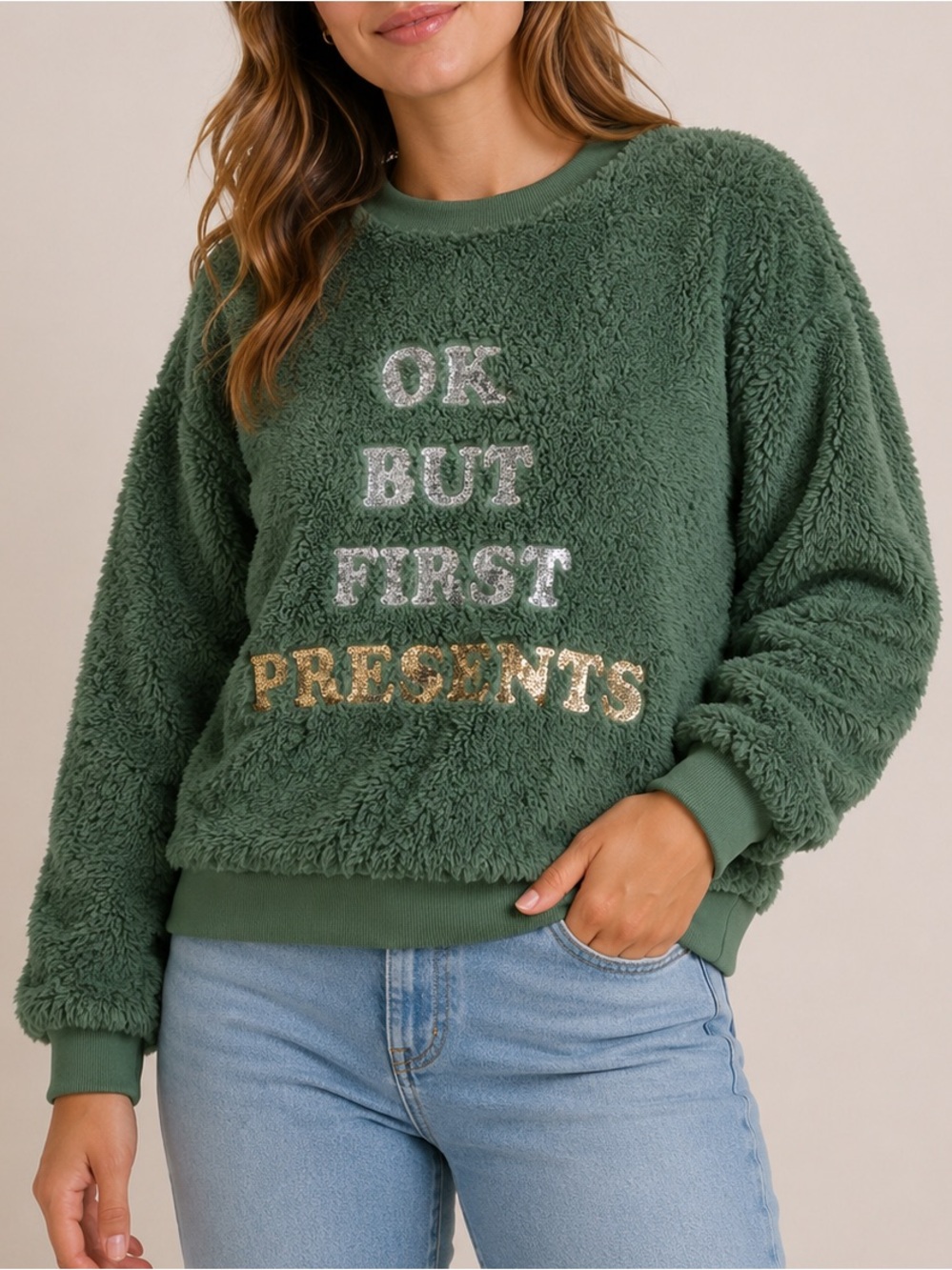 Bluenotes Sherpa Christmas Ok But First Presents Graphic Pullover Sweater Green